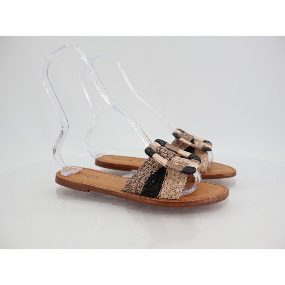 Schutz Cinna Raffia Sandal Slide Size 7.5 B Brown Tan Buckle Comfy Flat Slip On